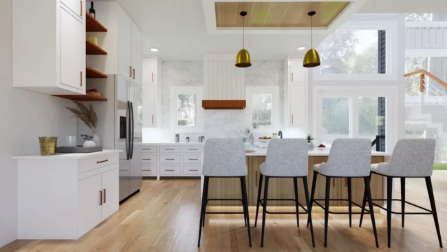 Bright modern home with white quartz countertops, wooden accents, and gold pendant lights