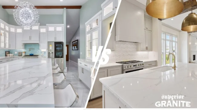 Quartz vs granite countertops comparison in a modern kitchen, showing white quartz island on one side and granite kitchen countertops on the other with cabinets and lighting design.