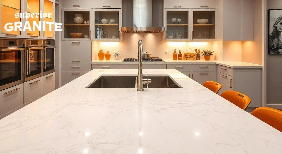 A modern kitchen featuring a white marble-look island and grey cabinets, showcasing the Best Countertop Materials.