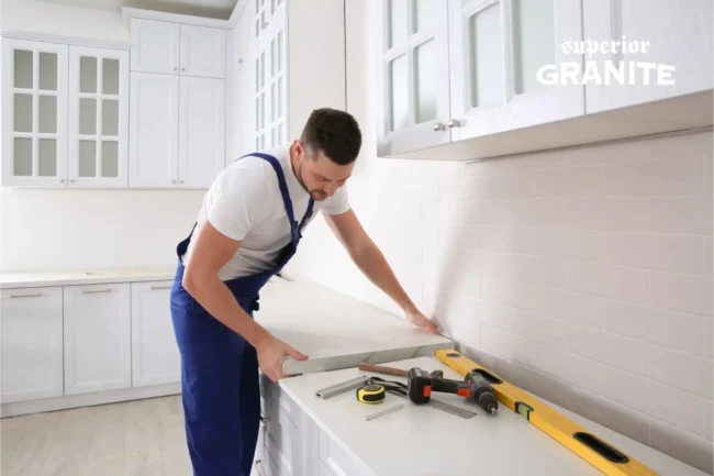 Professional installer fitting a new stone slab to help estimate Kitchen Countertop Replacement Cost.