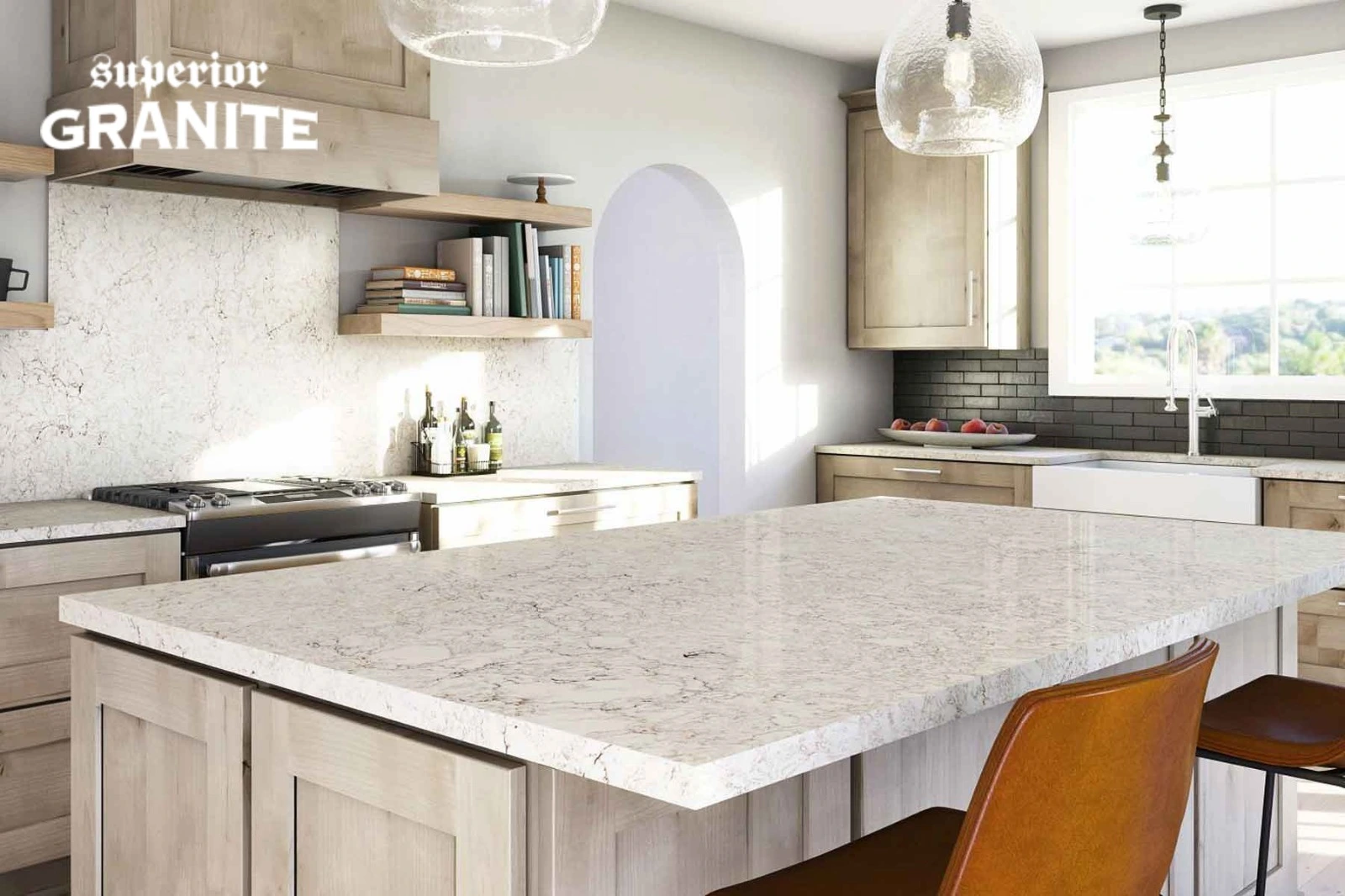 A modern kitchen with a large marble-style island, effectively helping homeowners budget for quartz countertops cost.