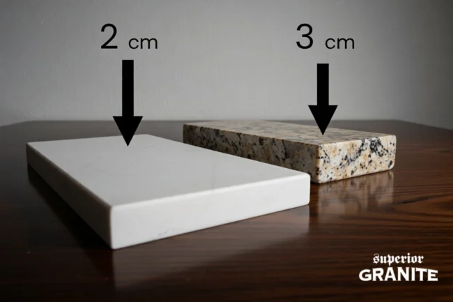 A side-by-side comparison of 2 cm vs 3 cm countertops featuring a thin white marble-style slab and a thicker, speckled granite sample.