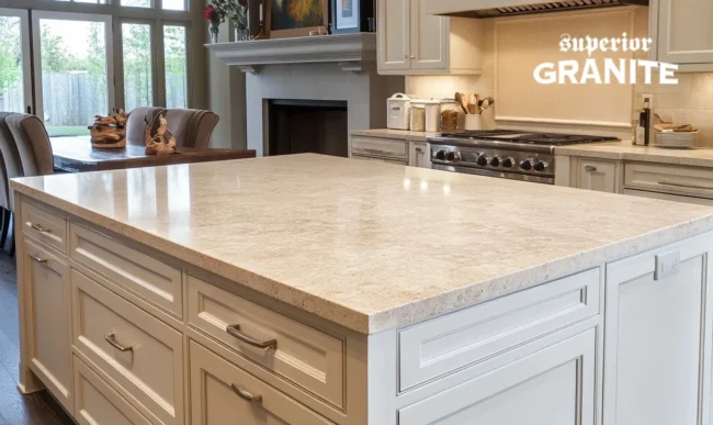 Elegant Taj Mahal quartzite countertops cost-effective kitchen island with cream cabinetry.