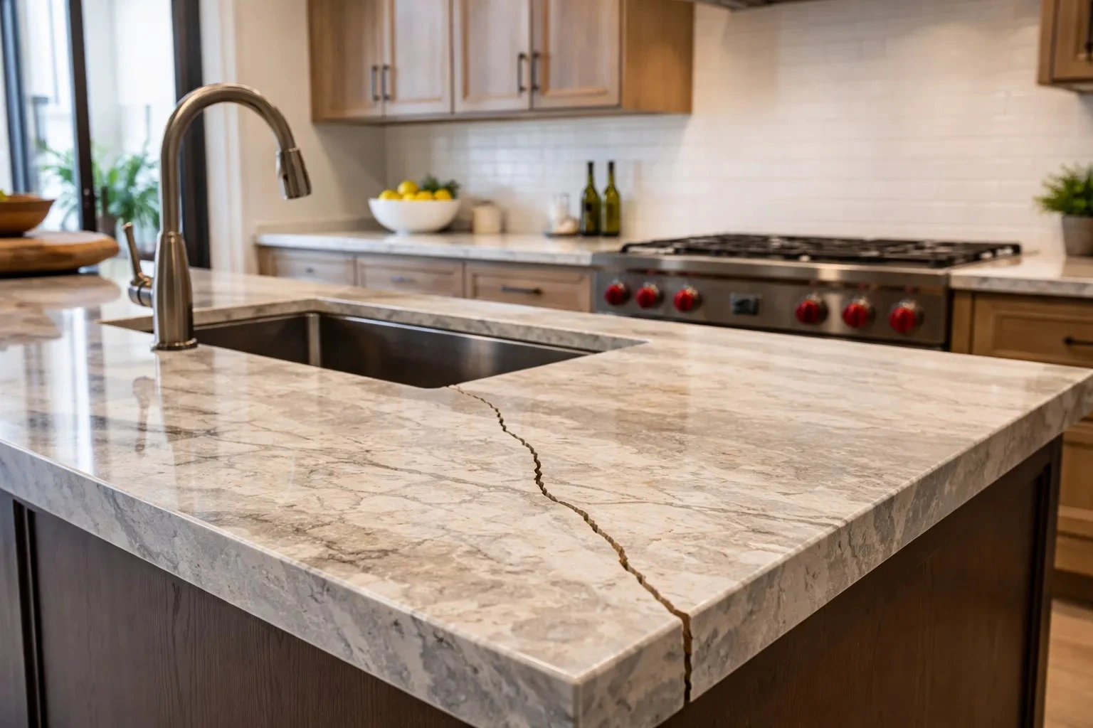 Countertop mistakes in Florida homes: cracked kitchen countertop from poor installation choices.