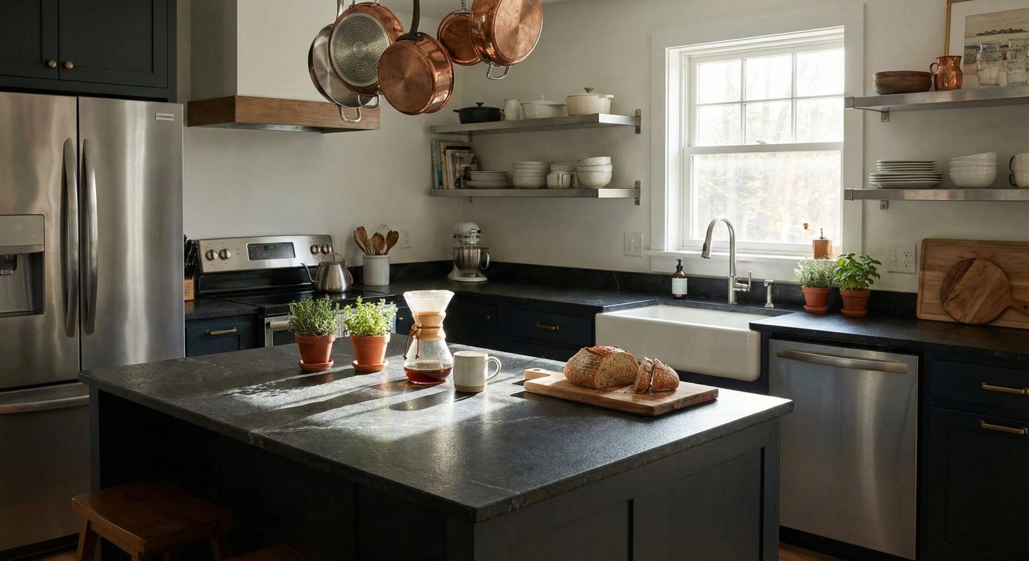 Sleek black soapstone surfaces perfect for modern countertop finishes.