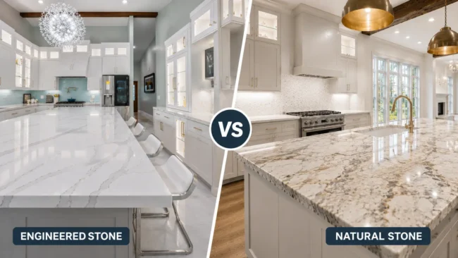 Comparison of kitchens showing Engineered vs Natural Stone countertops. Comparison of kitchens showing Engineered vs Natural Stone countertops.