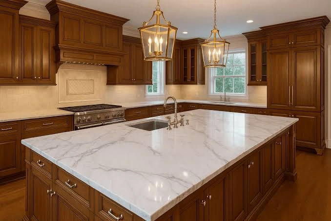 Warm wood cabinetry paired beautifully with marble kitchen countertops setup.