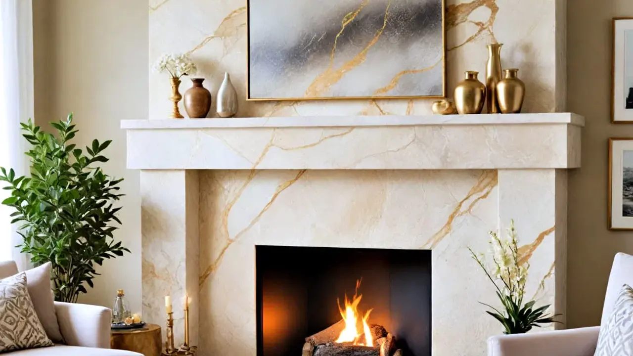 Stylish living room featuring gold decor accents and a custom veined Stone Fireplace.