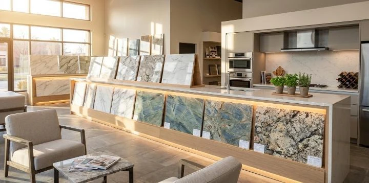 Stone slab showroom display with natural light for homeowners looking to Buy Countertops Locally.