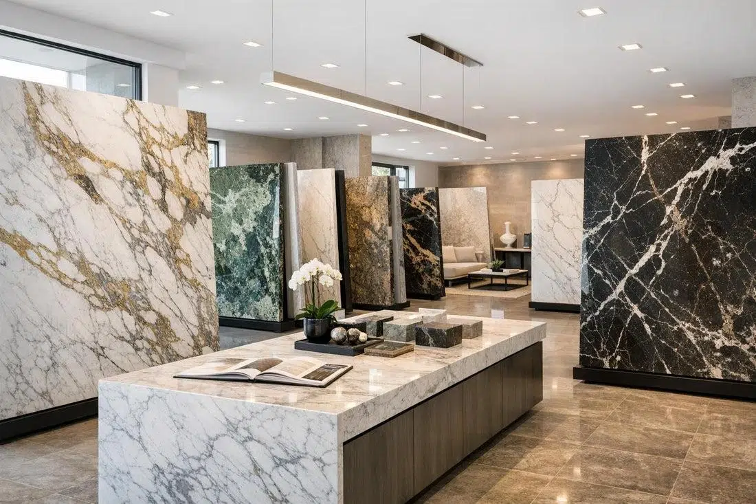 Large stone slab showroom displaying marble and granite to See the Entire Slab.