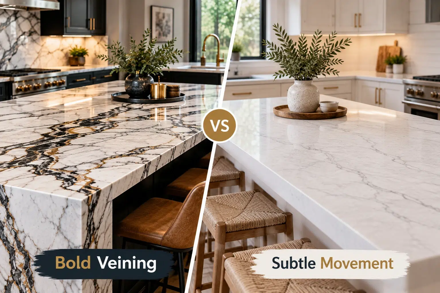 Kitchen comparison showing high-contrast Bold Veining vs Subtle Movement stone.