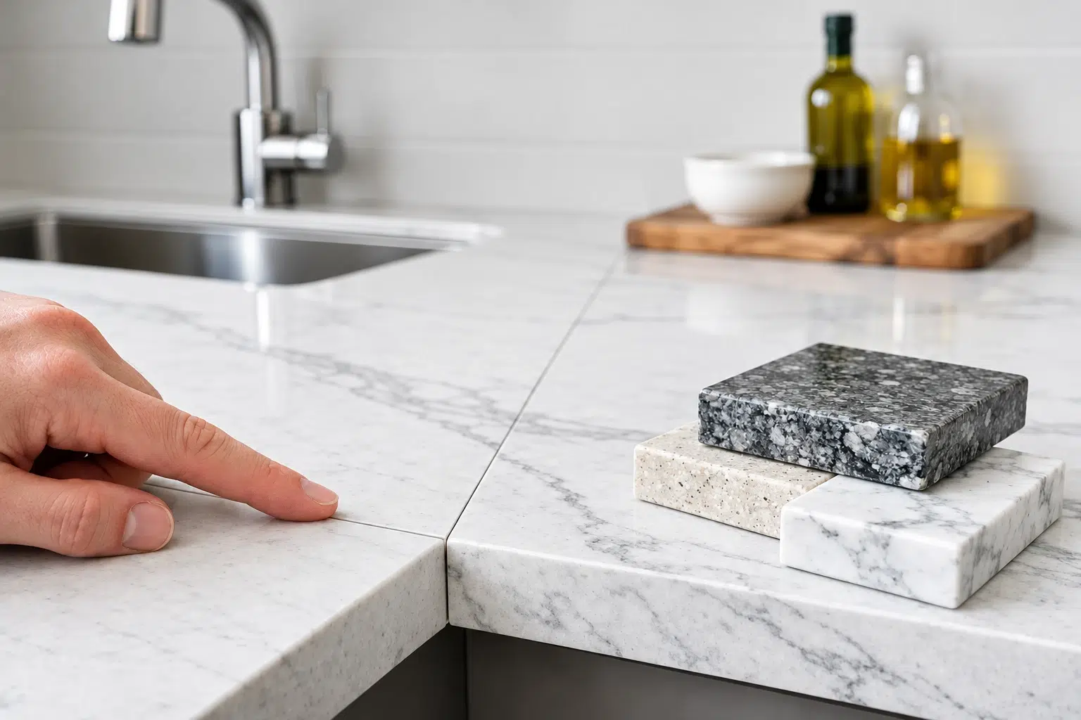 Hand pointing to a mitered corner joint demonstrating tight Countertop Seams.
