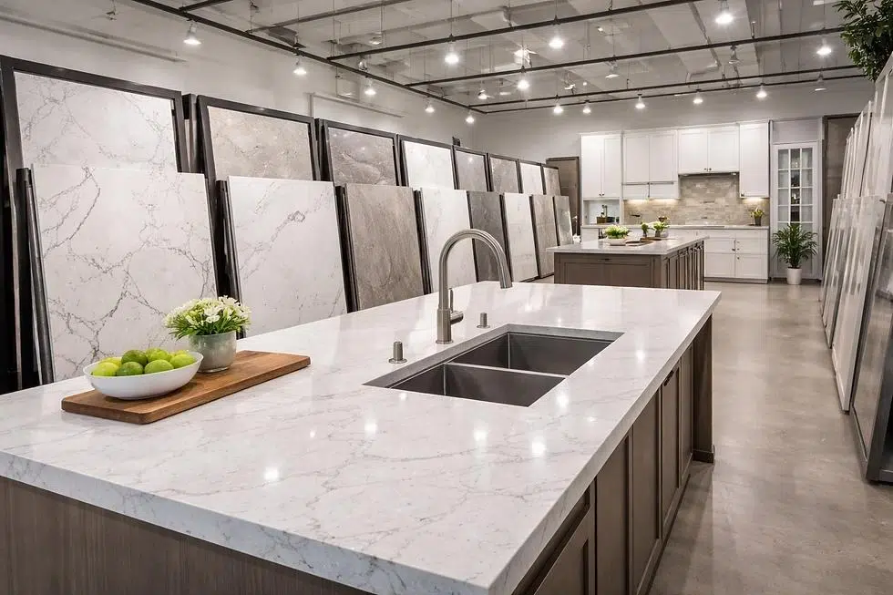 Stone showroom display showing options for countertop fabricator vs installer services.