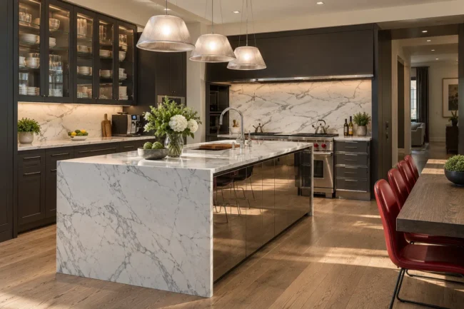 Luxury kitchen featuring a waterfall island crafted from a white natural stone slab.