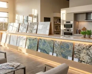 Stone slab showroom display with natural light for homeowners looking to Buy Countertops Locally.