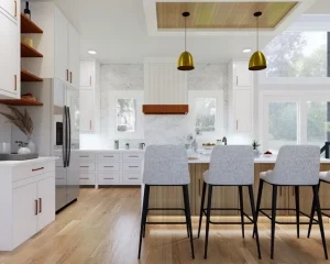 Bright modern home with white quartz countertops, wooden accents, and gold pendant lights