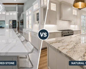 Comparison of kitchens showing Engineered vs Natural Stone countertops.