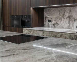 Modern grey veined marble slab design featured as a luxury Kitchen Countertop Material.