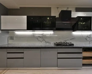 Modern kitchen featuring Natural Quartz Countertops with a smooth, shiny surface, showing durability, easy cleaning, and elegant design, the perfect choice for 2026 homes.