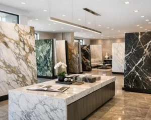 Large stone slab showroom displaying marble and granite to See the Entire Slab.