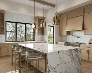Modern kitchen island with marble Waterfall Countertops and wood cabinets.