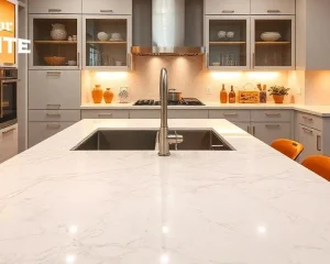 A modern kitchen featuring a white marble-look island and grey cabinets, showcasing the Best Countertop Materials.