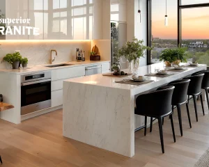 Modern kitchen featuring a white waterfall countertop island with black chairs and a city view.