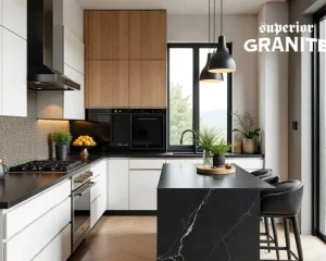 Modern kitchen with black marble countertops, white cabinets, wood accents, and an island.