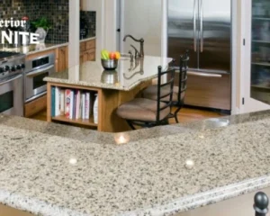 Kitchen with polished granite island and backsplash, showing how to Seal Granite Countertops well