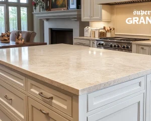 Elegant Taj Mahal quartzite countertops cost-effective kitchen island with cream cabinetry.