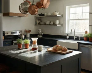Sleek black soapstone surfaces perfect for modern countertop finishes.