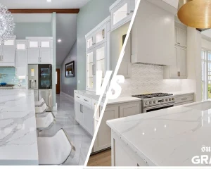 Quartz vs granite countertops comparison in a modern kitchen, showing white quartz island on one side and granite kitchen countertops on the other with cabinets and lighting design.