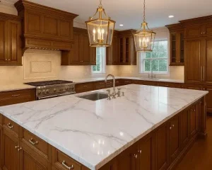 Warm wood cabinetry paired beautifully with marble kitchen countertops setup.