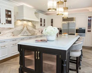 Elegant kitchen featuring a unique design by mixing stone textures.