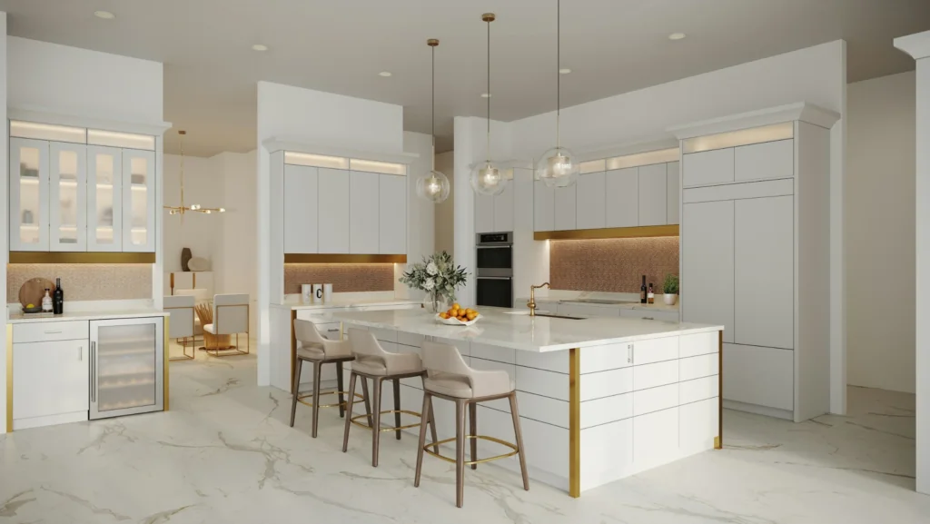 Luxury white kitchen with Engineered vs Natural Stone island countertop.
