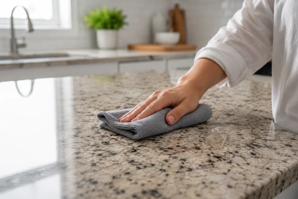 Hand wiping granite surface for Keep Your Counters Looking New.