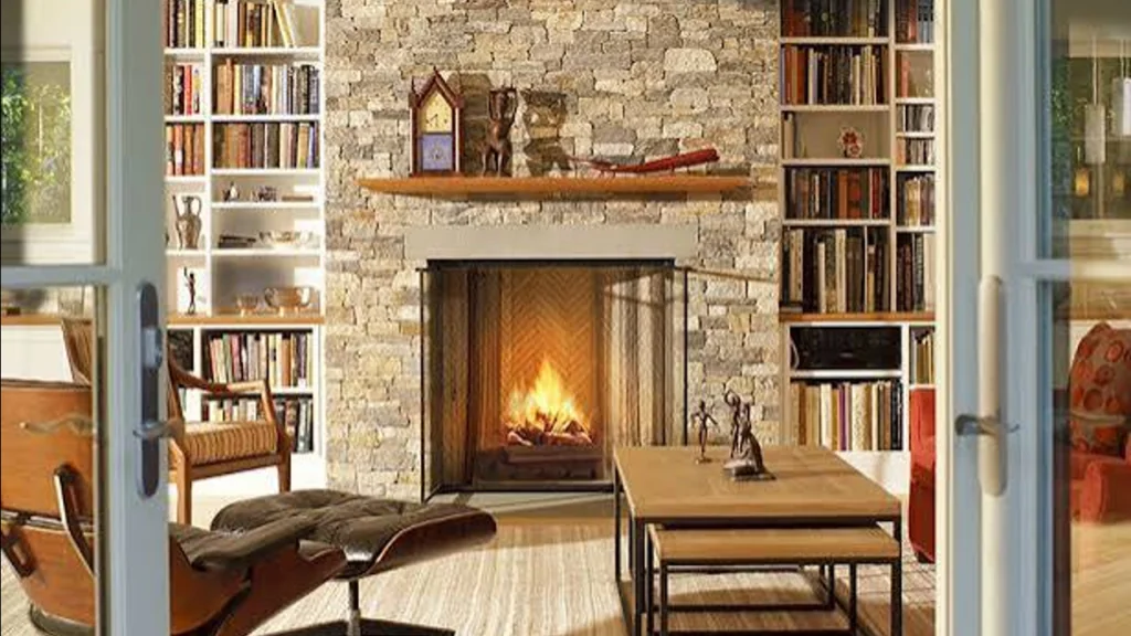 Cozy living room library featuring a warm burning hearth in a Stone Fireplace.