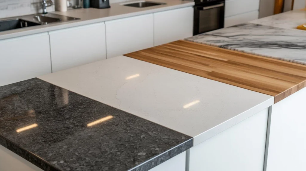 Split view comparing natural stone vs engineered stone Kitchen Countertop Material choices.