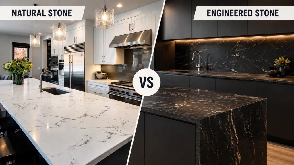 Split view comparing natural stone vs engineered stone Kitchen Countertop Material choices.