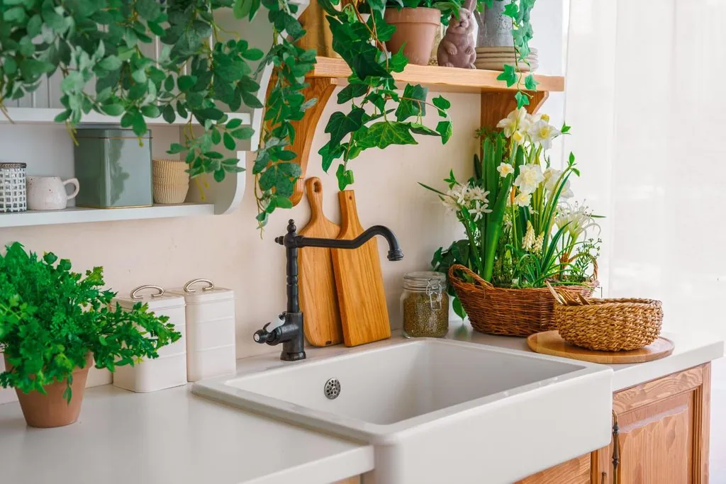 White ceramic farmhouse apron-front basin surrounded by plants for Types of Kitchen Sinks.