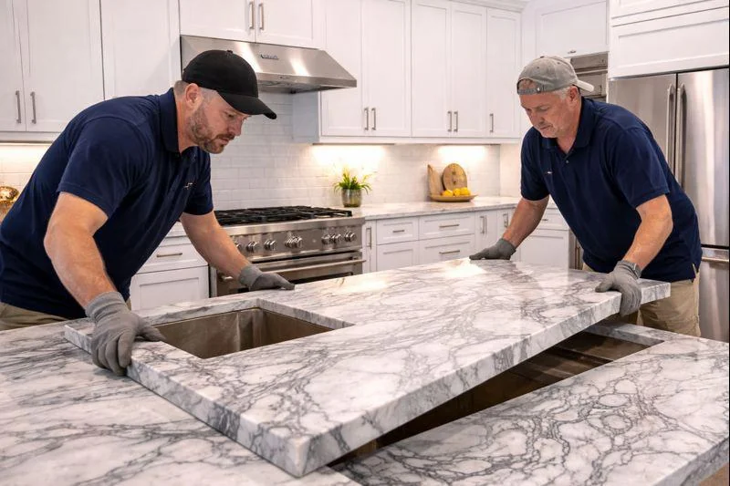 Professional installers fitting marble slab for homeowners who Buy Countertops Locally.