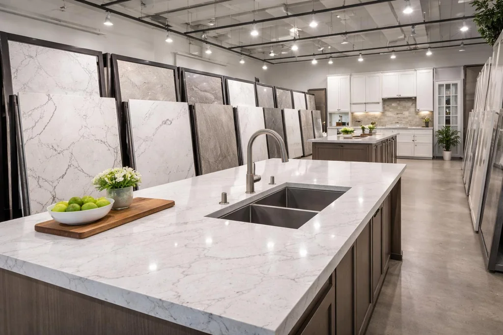Marble kitchen island display in showroom for buyers looking to Buy Countertops Locally.