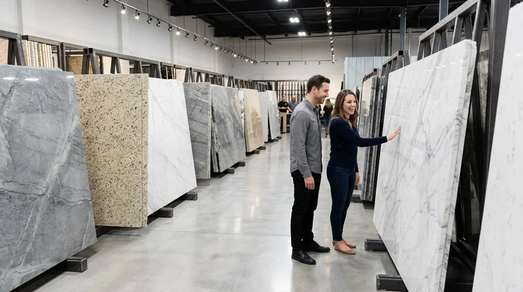 Couple inspecting marble options in showroom to See the Entire Slab for kitchen.