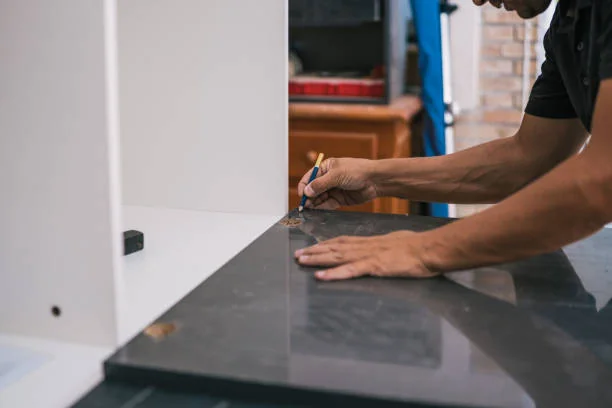 Carpenter marking stone slab while answering How Long Does Countertop Installation Take.