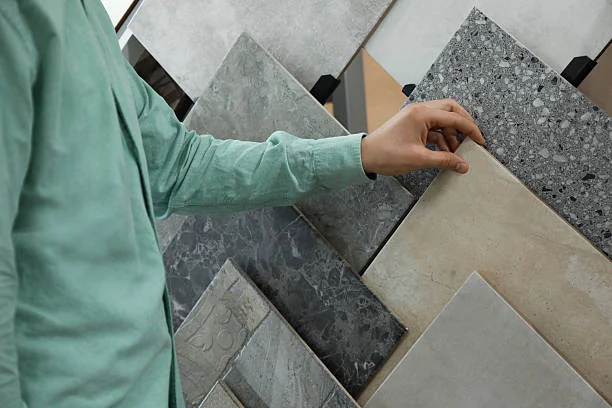 Hand touching marble and granite tile samples when choosing Natural Stone Countertops.