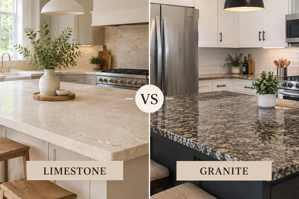 Side-by-side comparison of limestone countertops versus dark granite kitchen island.