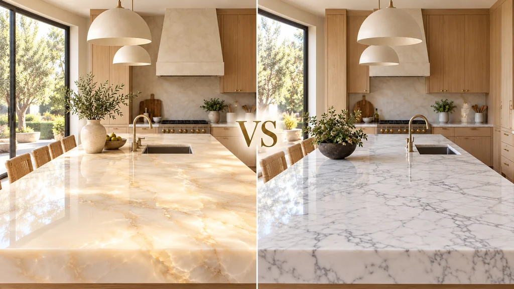 Side-by-side kitchen comparison featuring polished calcite countertops and marble surface.