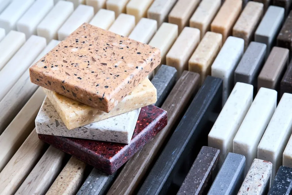 Stacked stone material sample swatches showcasing options for calcite countertops.